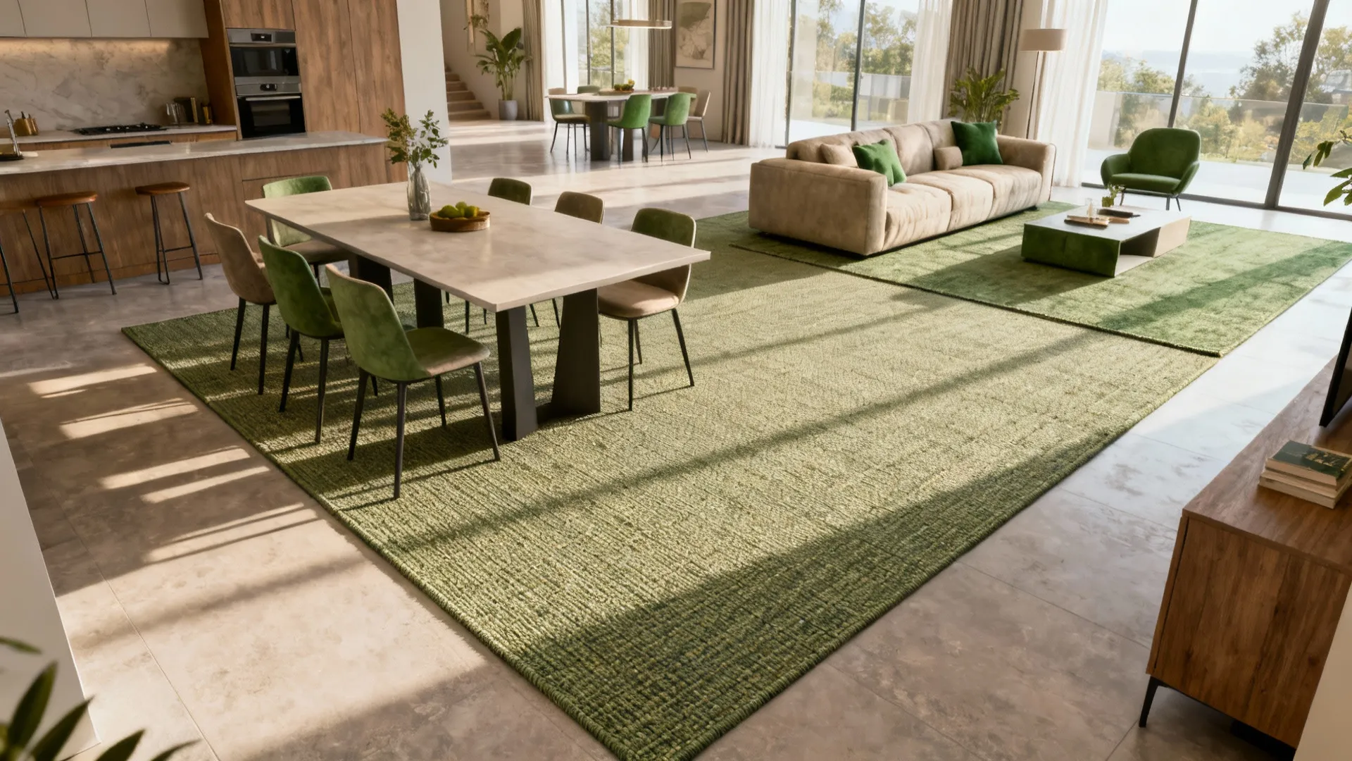 Open plan living and dining area unified by one large durable rug under major furniture.