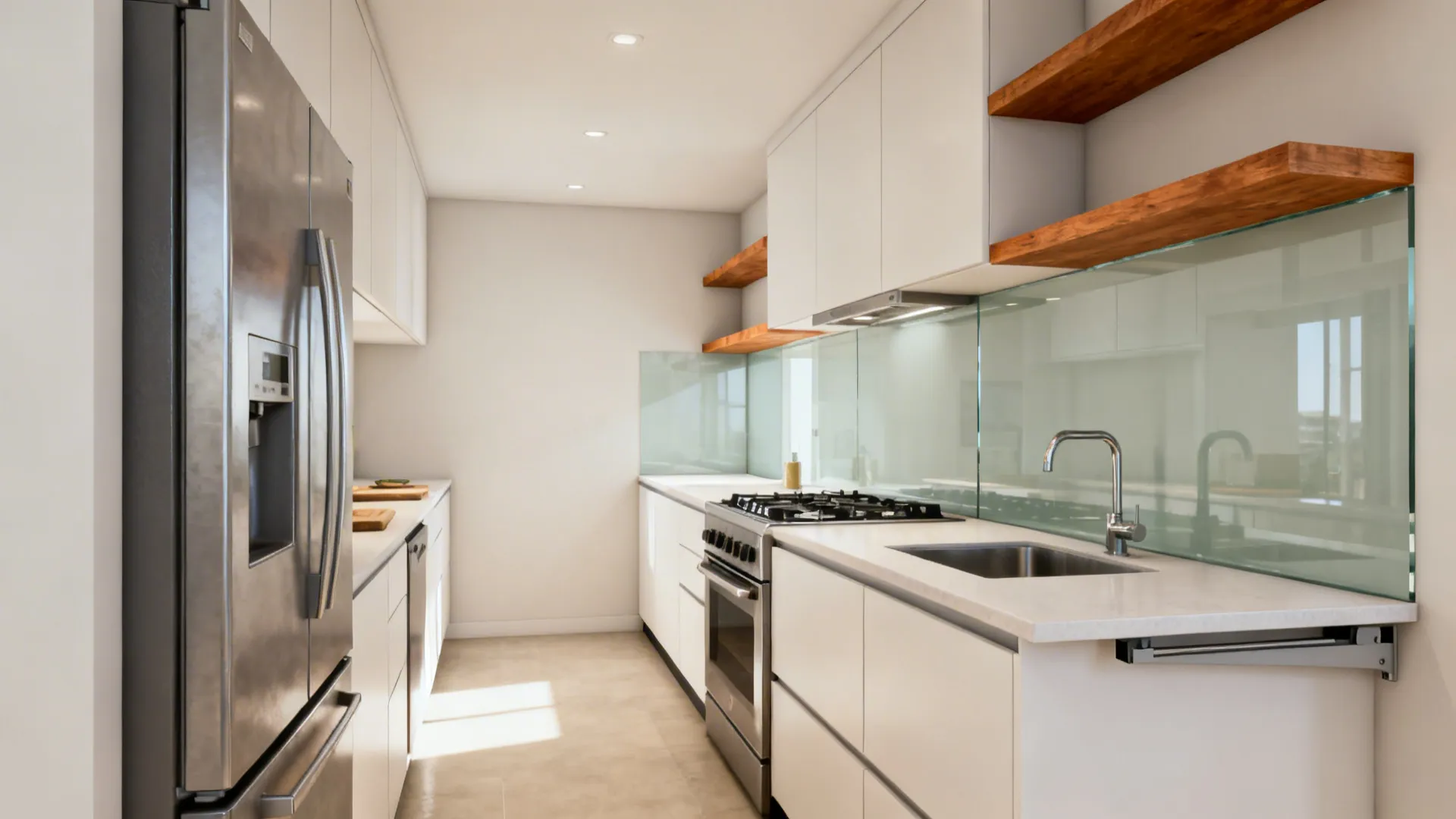 Single-wall galley kitchen with aligned fridge, prep, cook, and clean zones