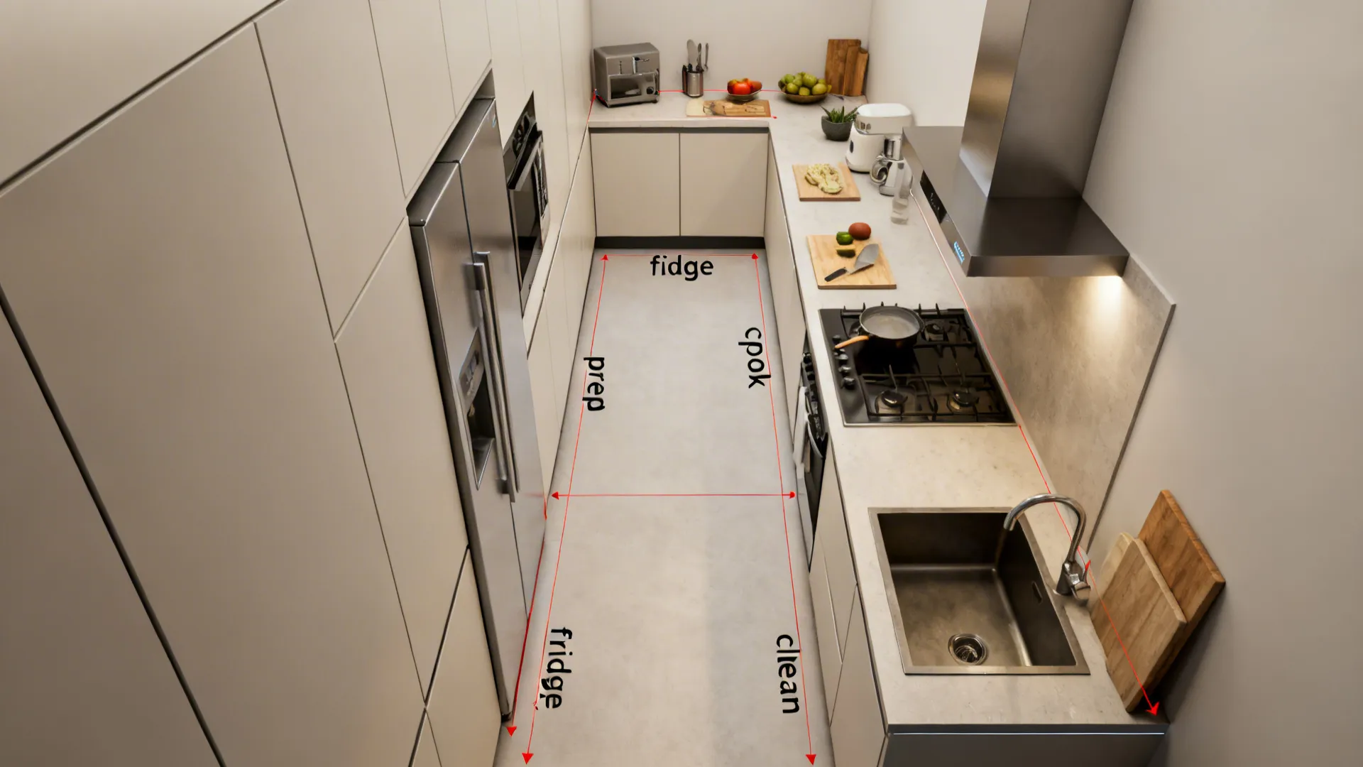 Top-down plan of a single-wall galley showing clear spacing and workflow