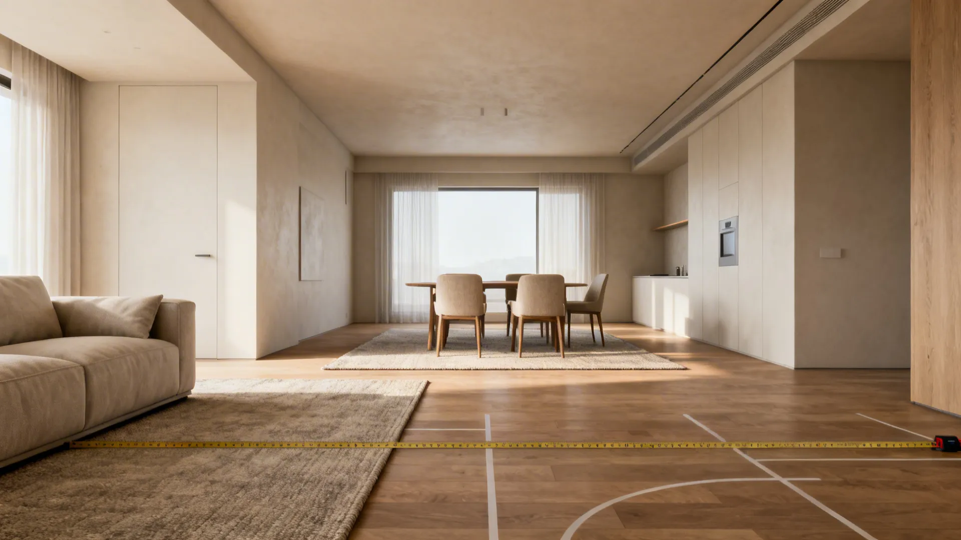 One large rug running beneath both sofa and dining table to visually connect zones in an open-plan room.