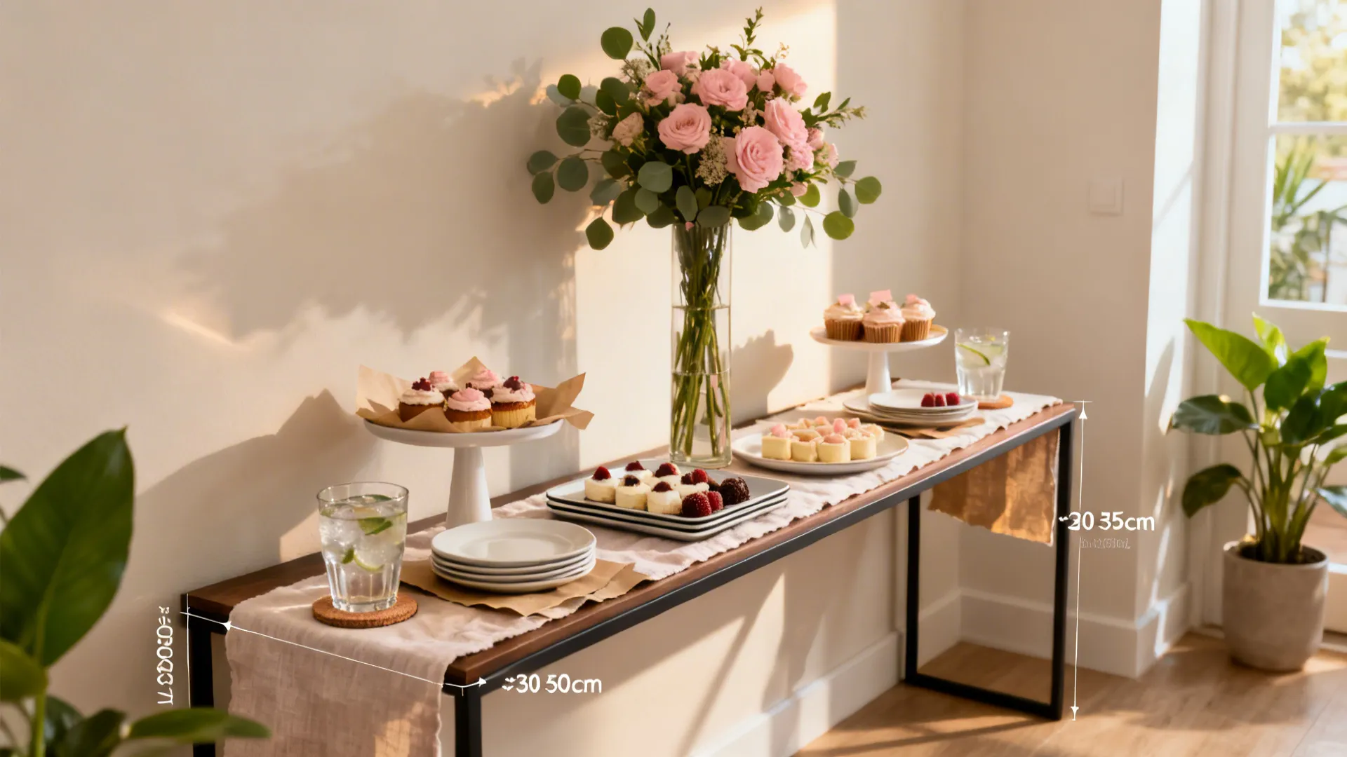 A slim dessert station with a narrow runner, low treats, and one modest centerpiece for a tidy birthday setup.