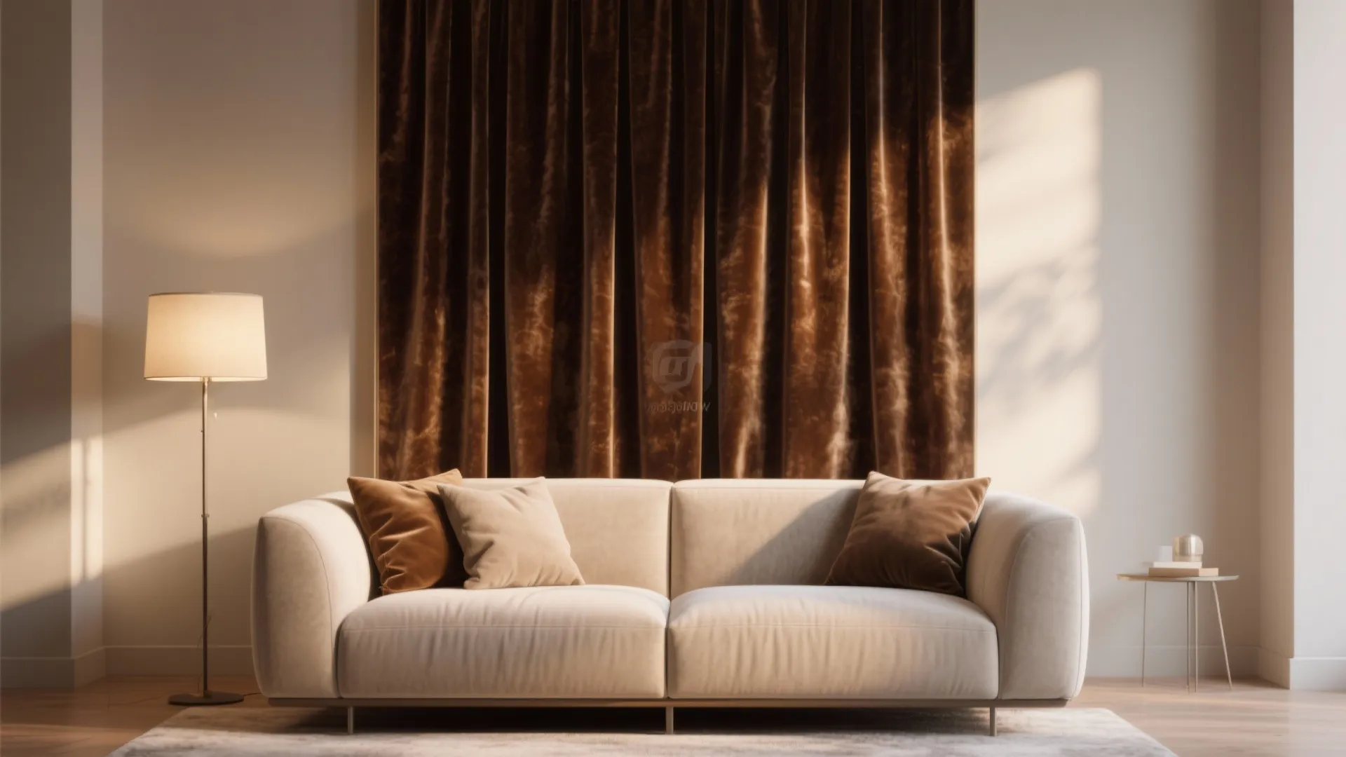 Cozy interior with white sofa brown velvet curtain floor lamp small side table and soft rug