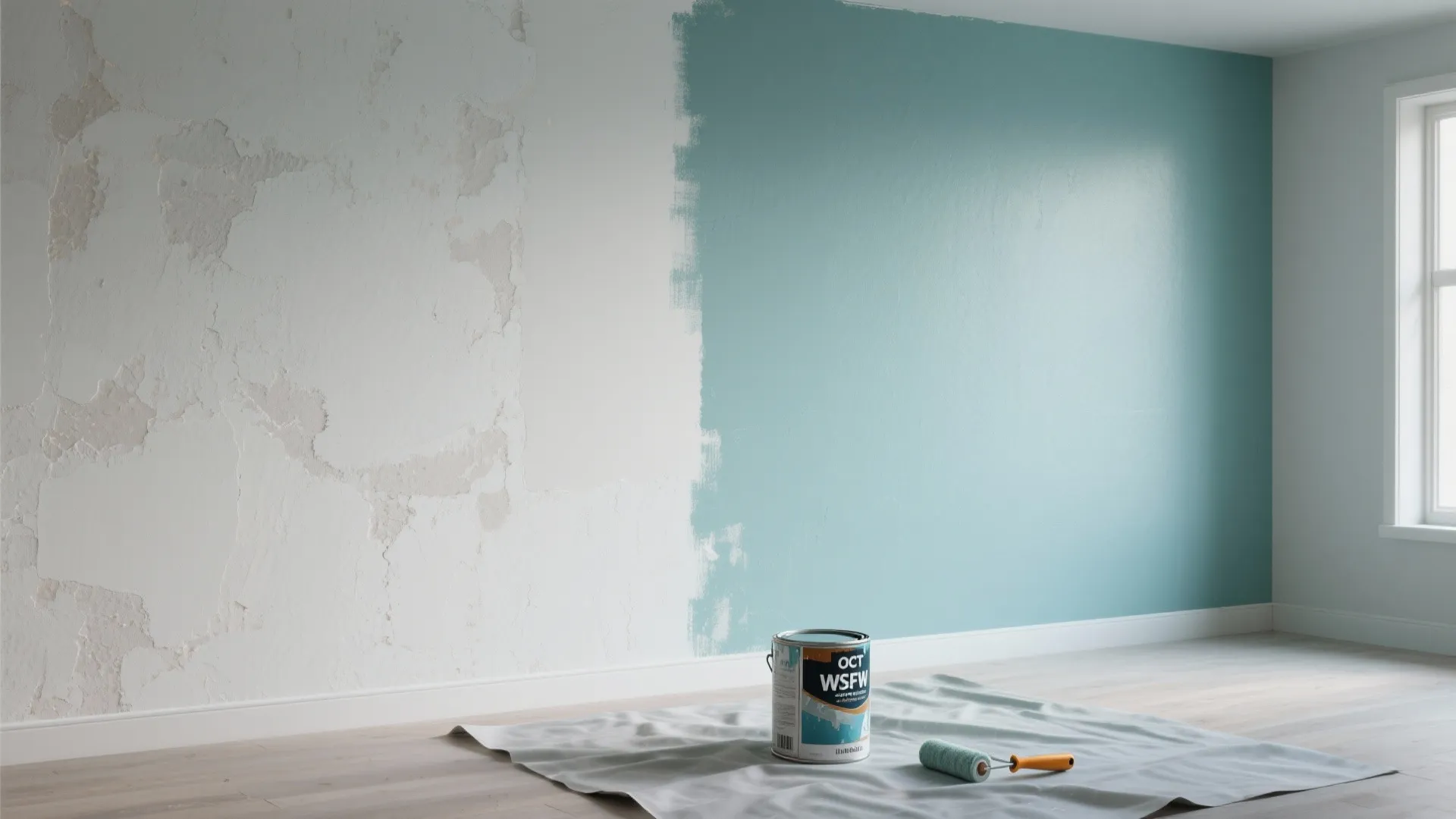 Split image showing a wall with a thin single coat on the left and a smooth two-coat finish on the right.