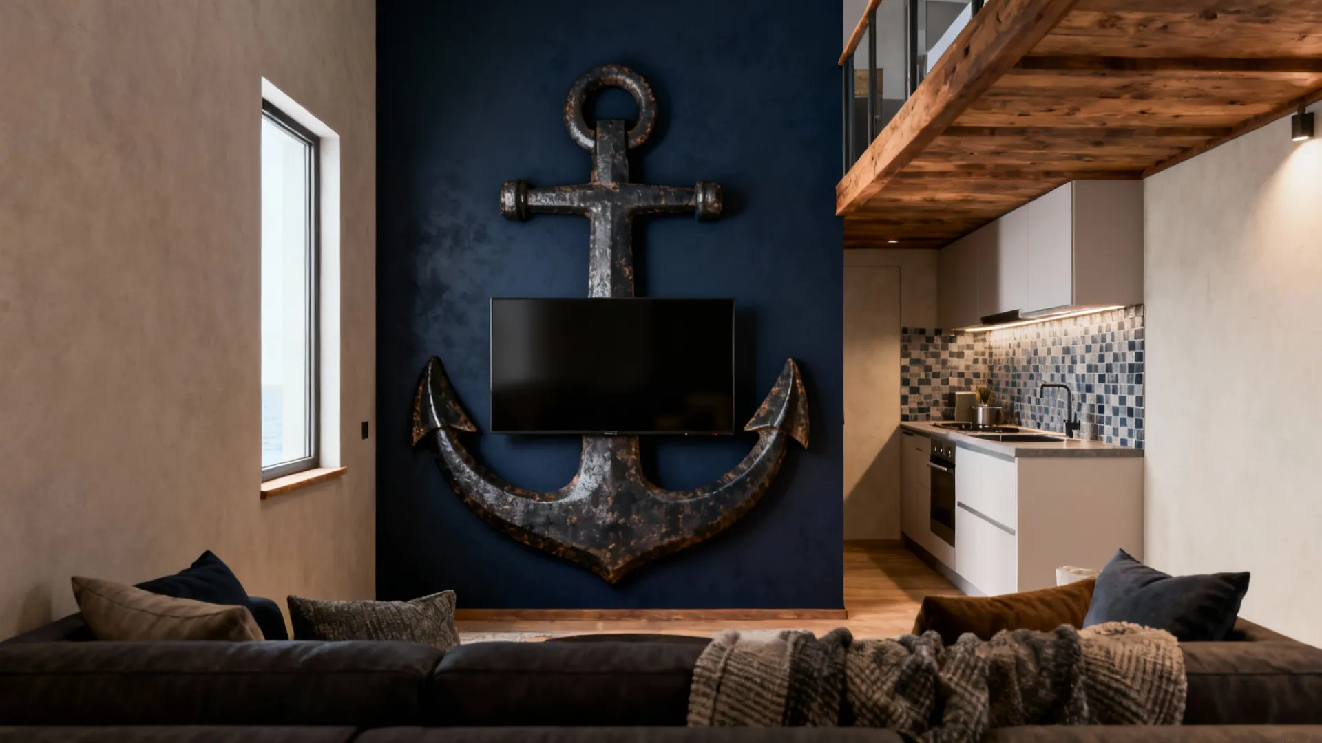 Living room and kitchen with a deep anchor wall behind the TV and neutral surrounding walls.