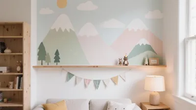 Whimsical Children’s Room with Mountain Mural & Natural Wood Accents