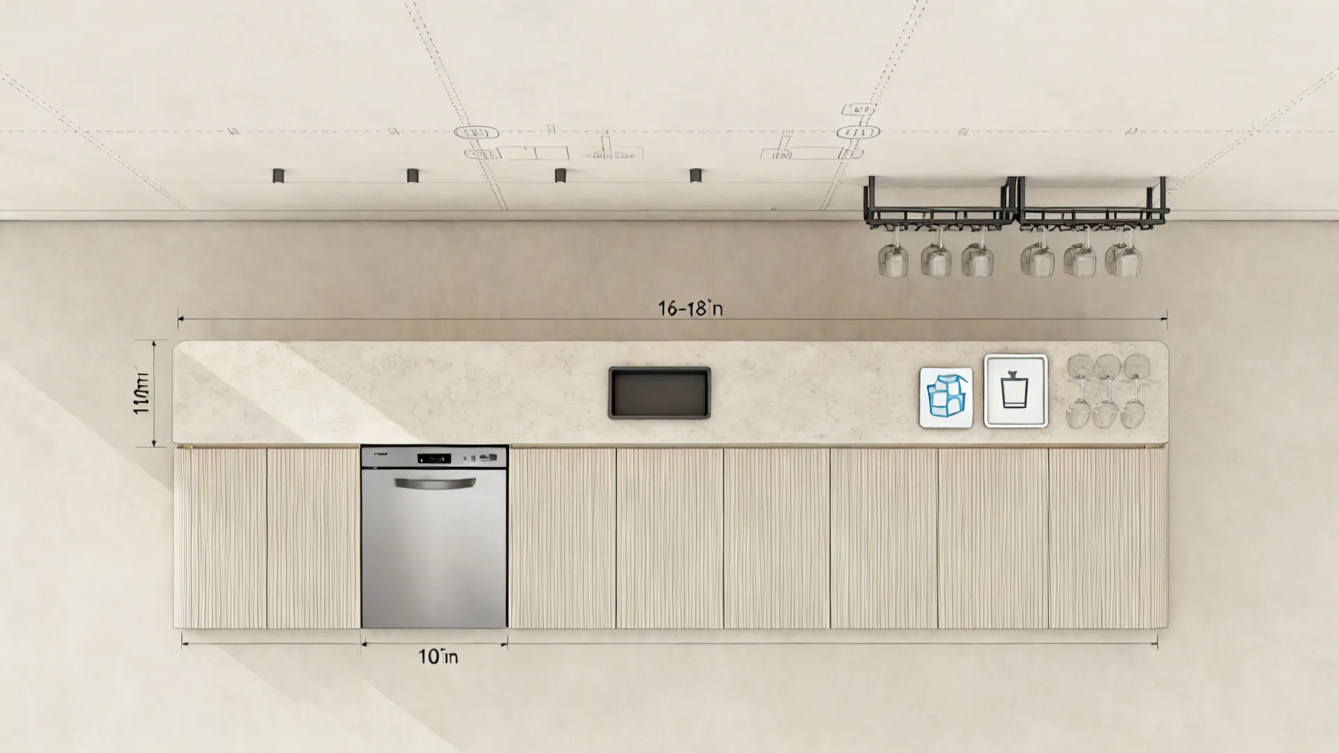 Top-down layout showing a slim console bar and stemware rack clearances.