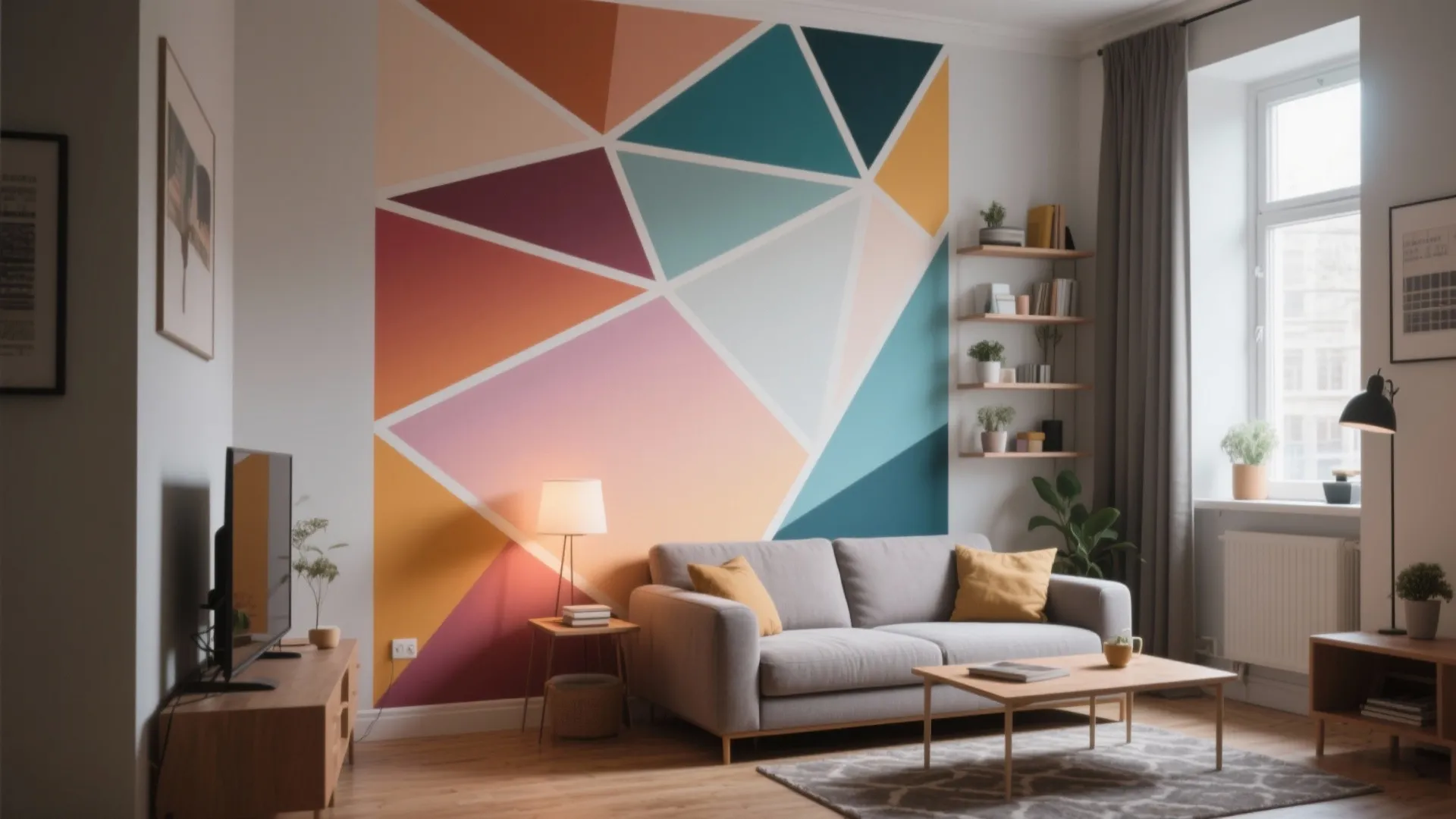 Modern living room with colorful geometric wall, grey sofa, yellow pillows, and wooden coffee table