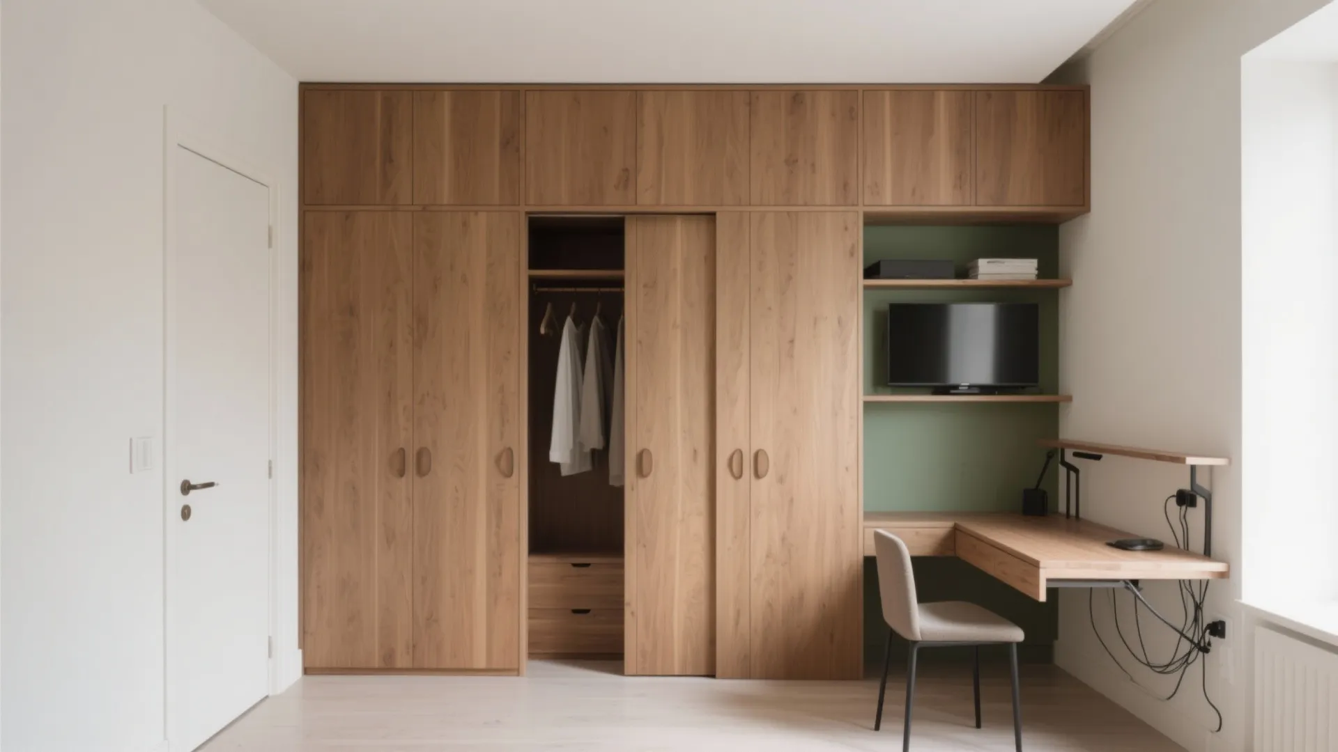 Large wooden cabinet featuring built in desk open wardrobe with shirts and a small television