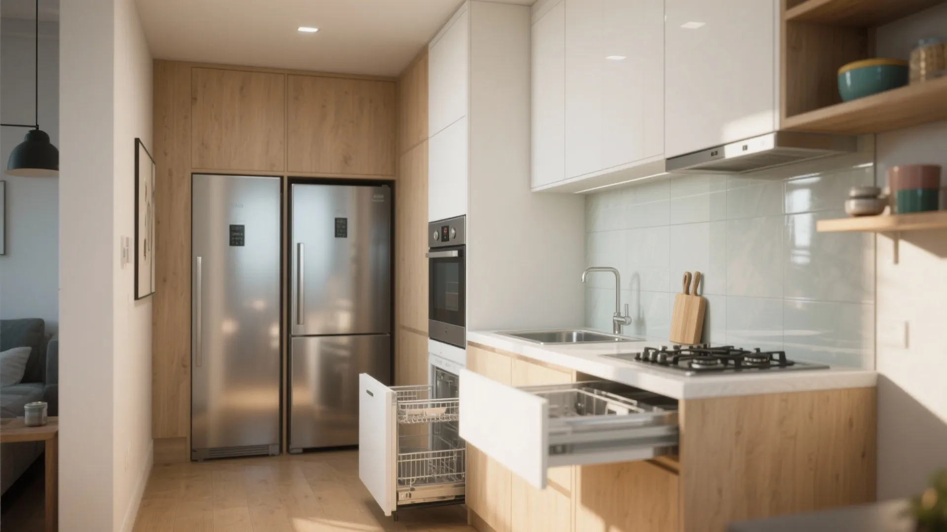 Compact kitchen layout featuring wood cabinets with white upper storage and integrated silver home appliances