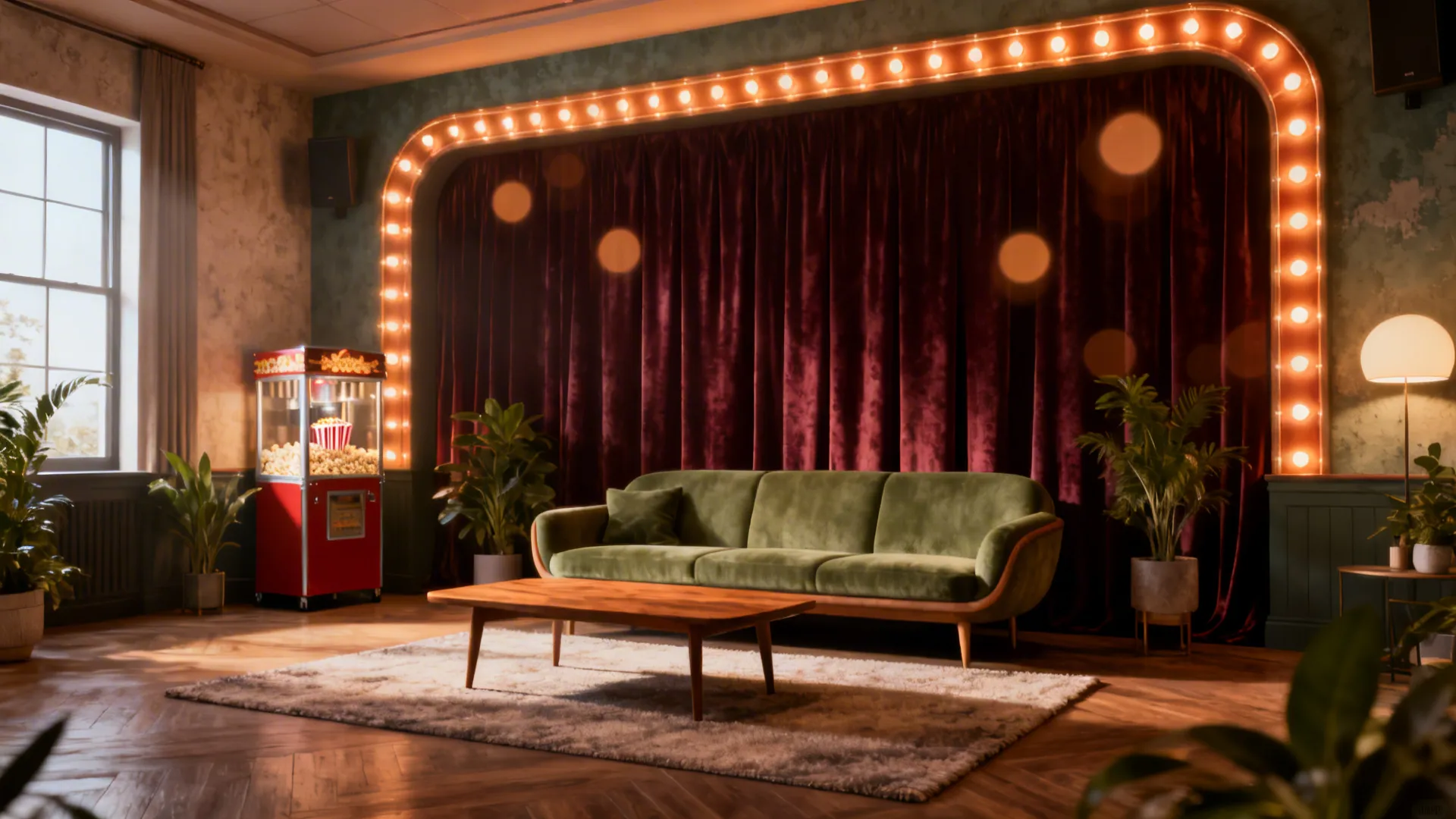 Home movie room with green sofa wooden coffee table popcorn machine and marquee light bulbs