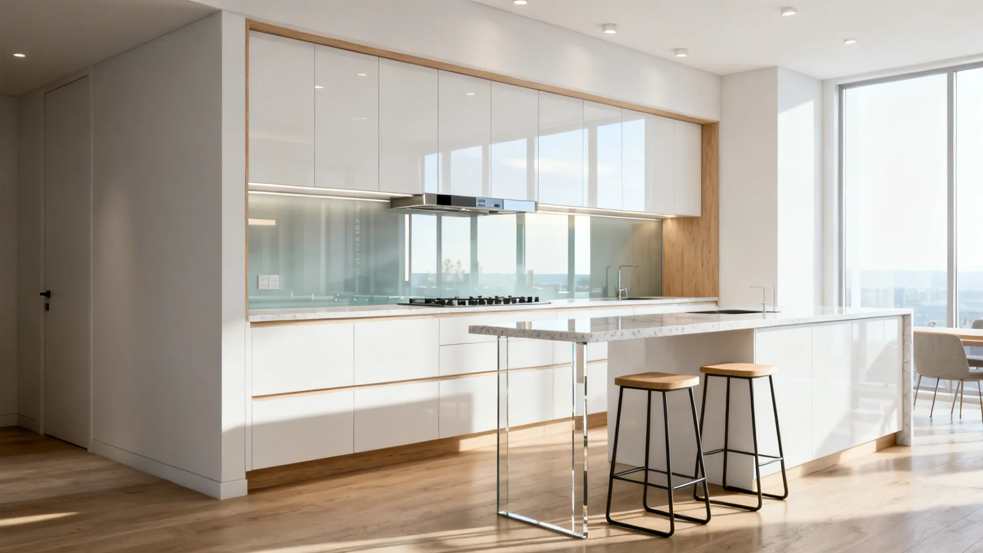 One-wall 12x12 kitchen with a narrow island and satin glass backsplash reflecting daylight.