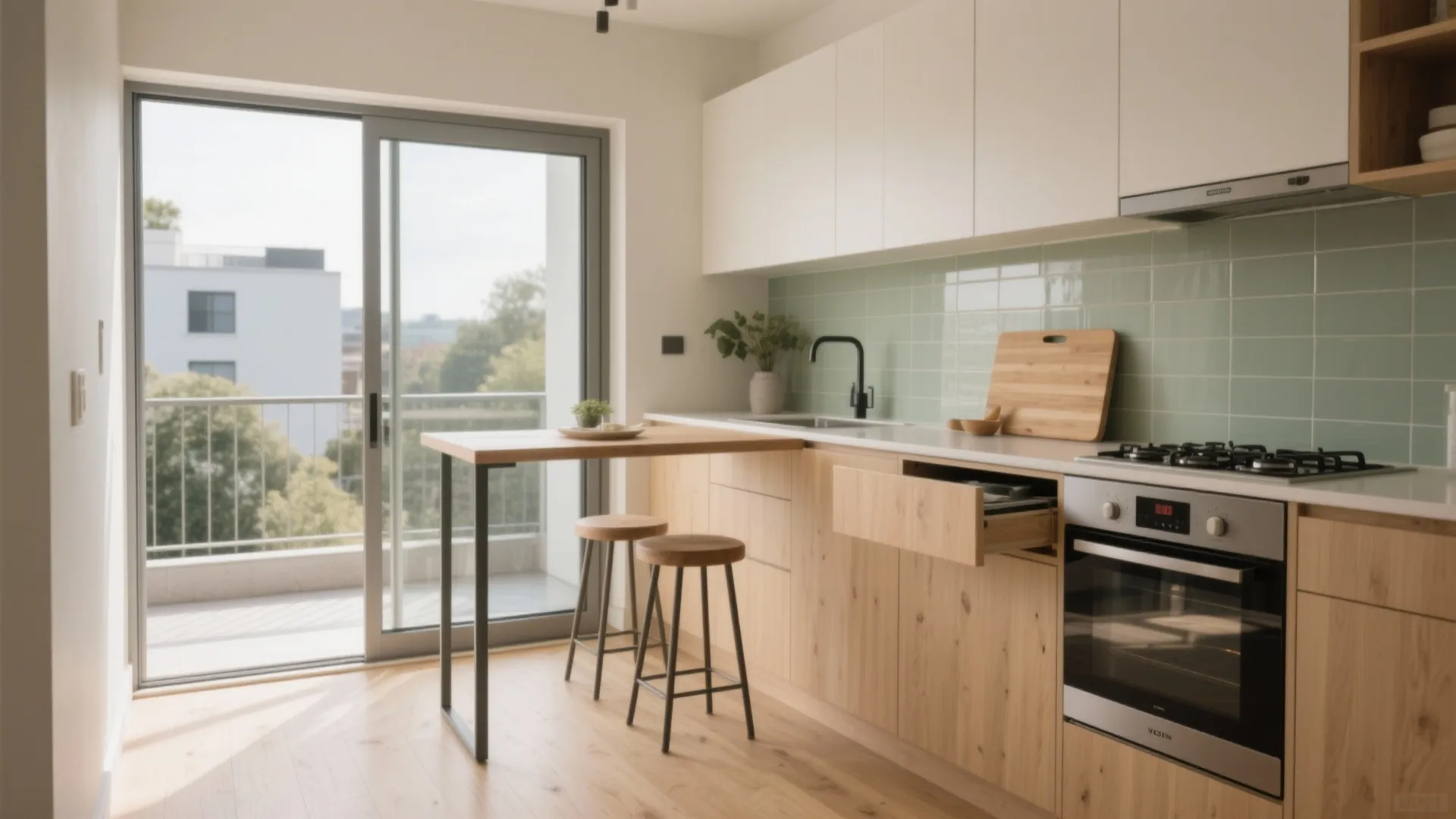 Compact kitchen against one wall with indoor–outdoor dining