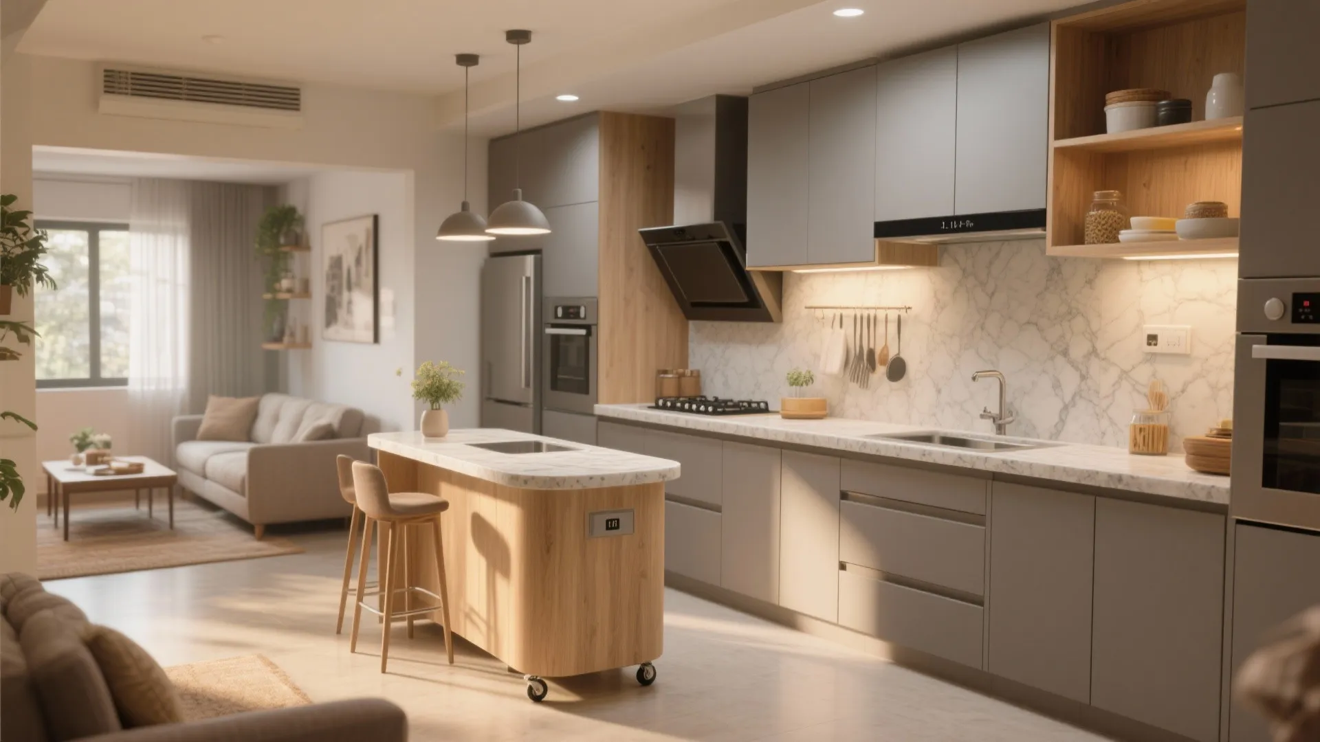 Open kitchen with a single-line plus island (convertible)