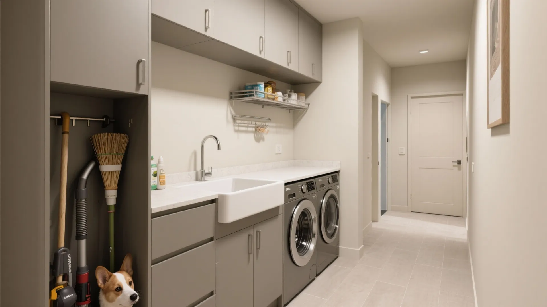 5) The “One-Wall” Combo: Sink, Machines, and Tall Pantry