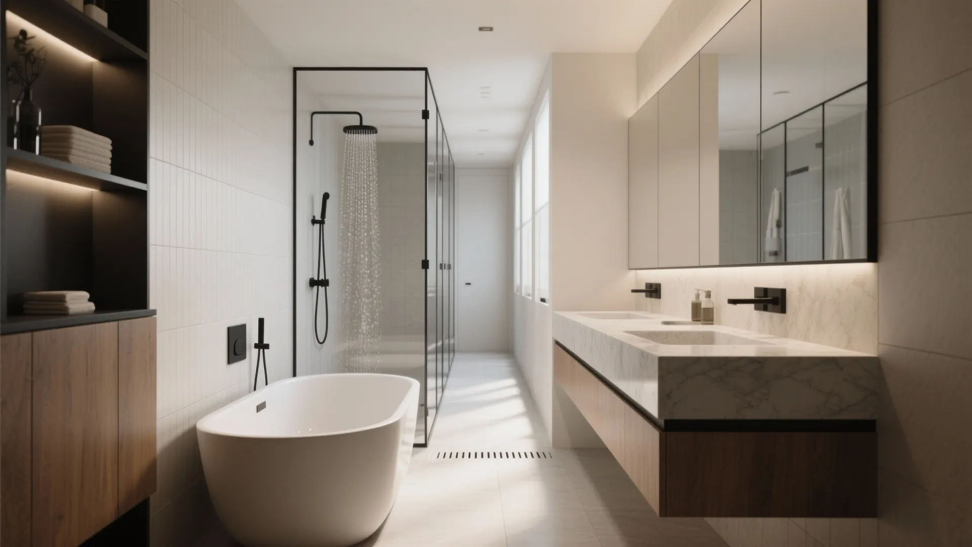 One-wall layout: shower and tub in a clean line