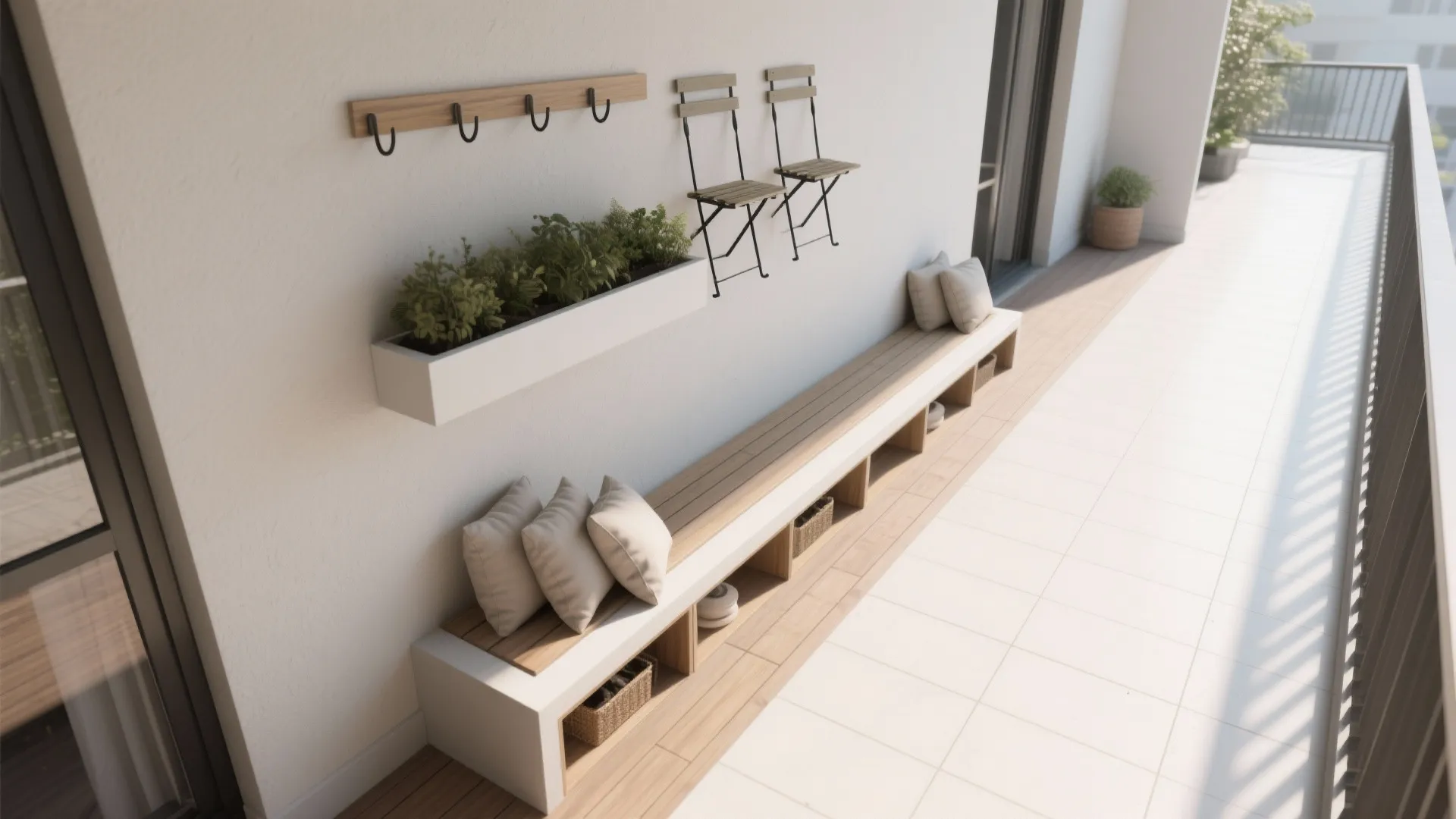 Narrow white balcony with long wooden bench grey pillows wall plants folding chairs and sunlight