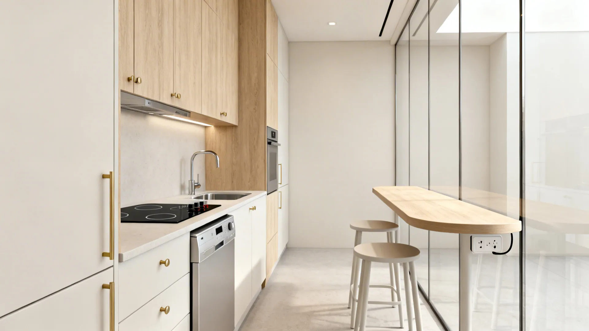 Single-wall kitchen with compact appliances and an opposite narrow dining ledge for two.