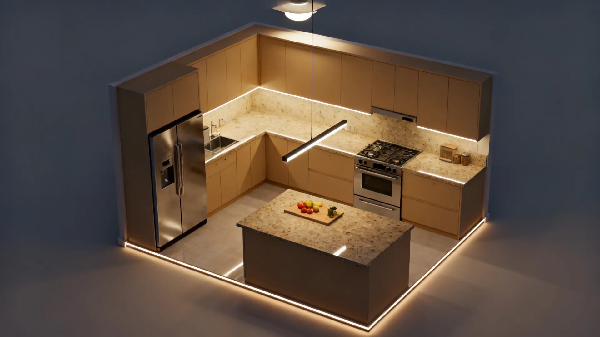 Top-down view showing under-cabinet, pendant, ambient, and toe-kick lighting zones.