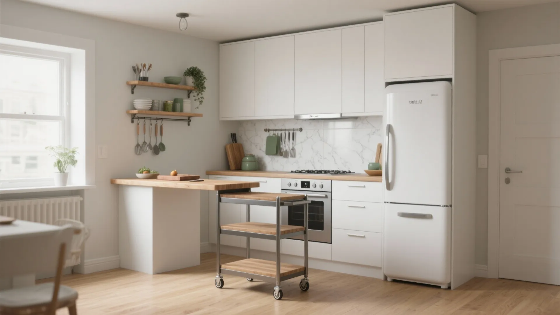 Idea 3: One-wall kitchen plus a mobile island (your secret second counter)