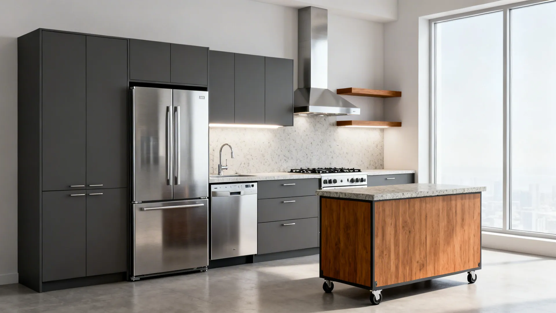 One-Wall Galley with Mobile Island