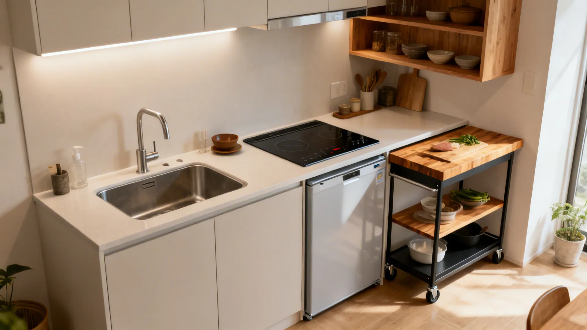 Single-wall compact kitchen with a slim rolling prep cart and integrated LED task lighting.