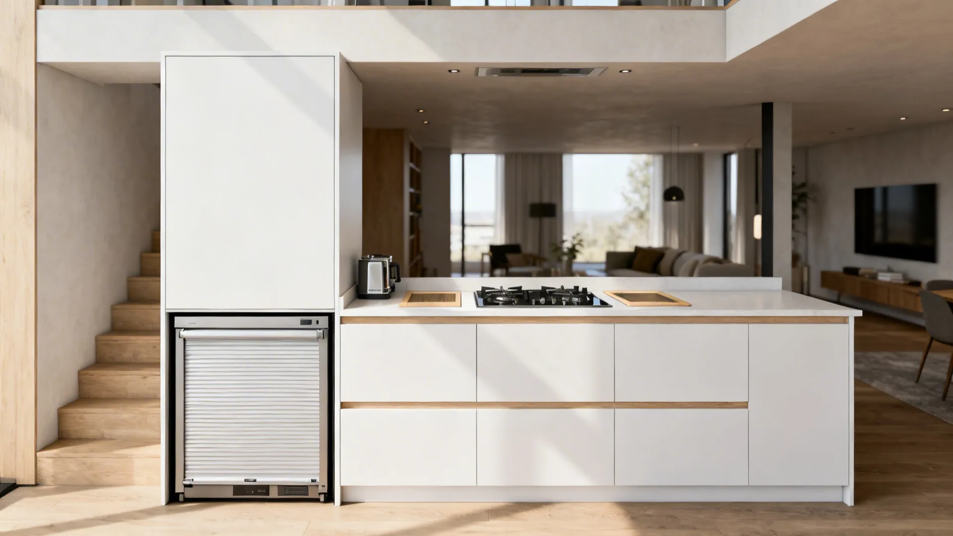 One-wall kitchen with a tall stealth pantry and a central cooktop with 24-inch landings.