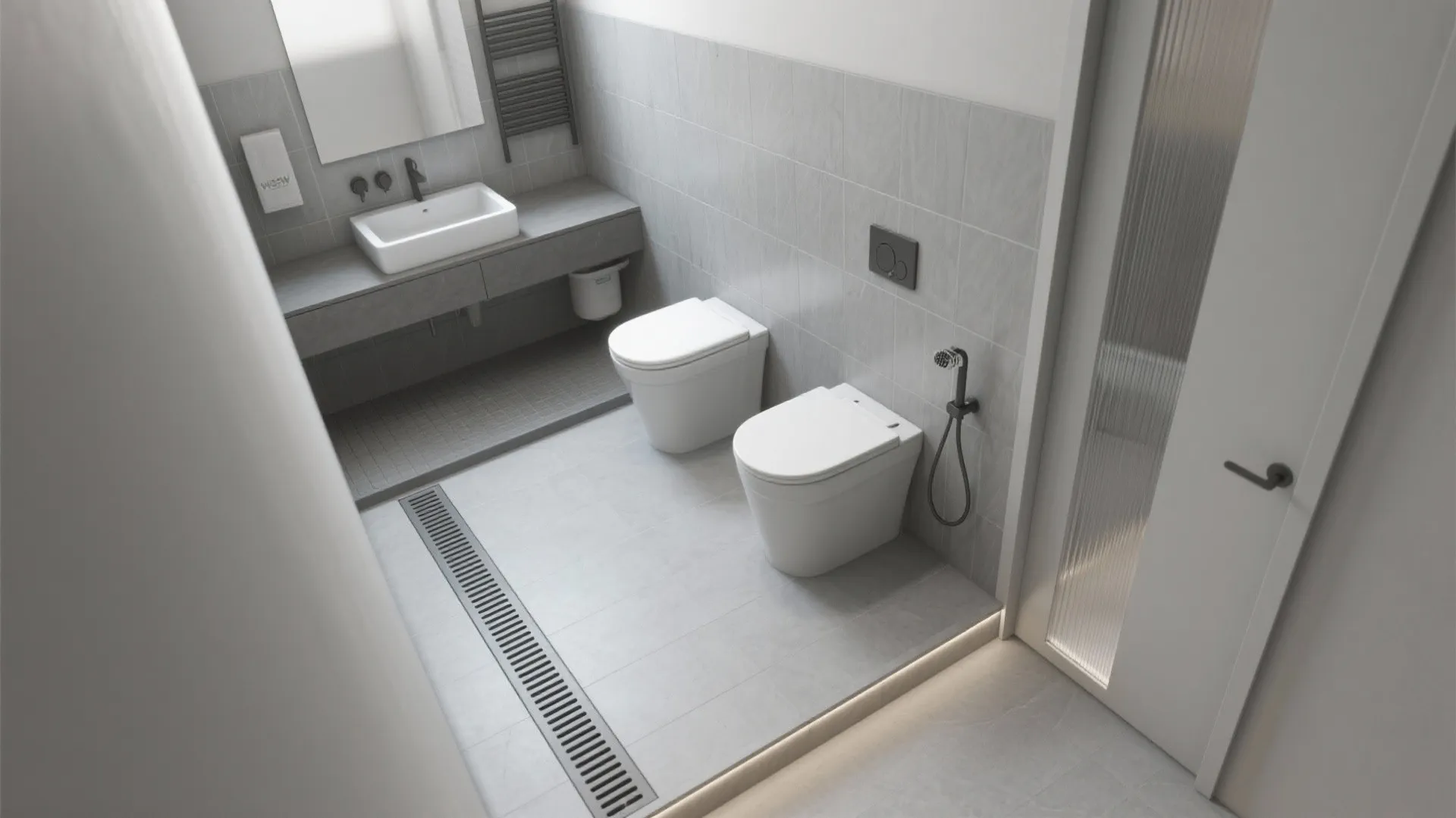 Modern grey bathroom with white toilet and sink plus grey wall tiles and floor tiles