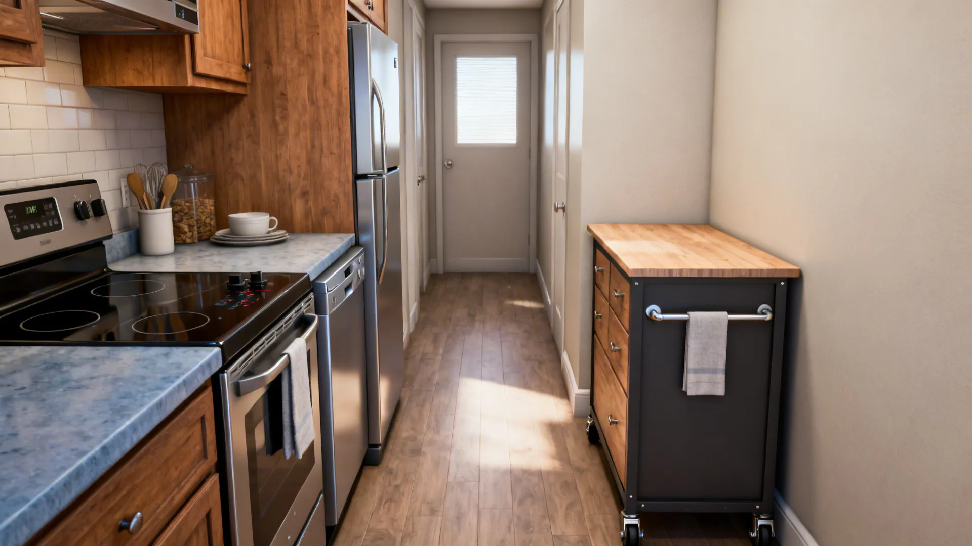 One-wall compact kitchen with a slim island cart opposite, maintaining a clear aisle for movement.