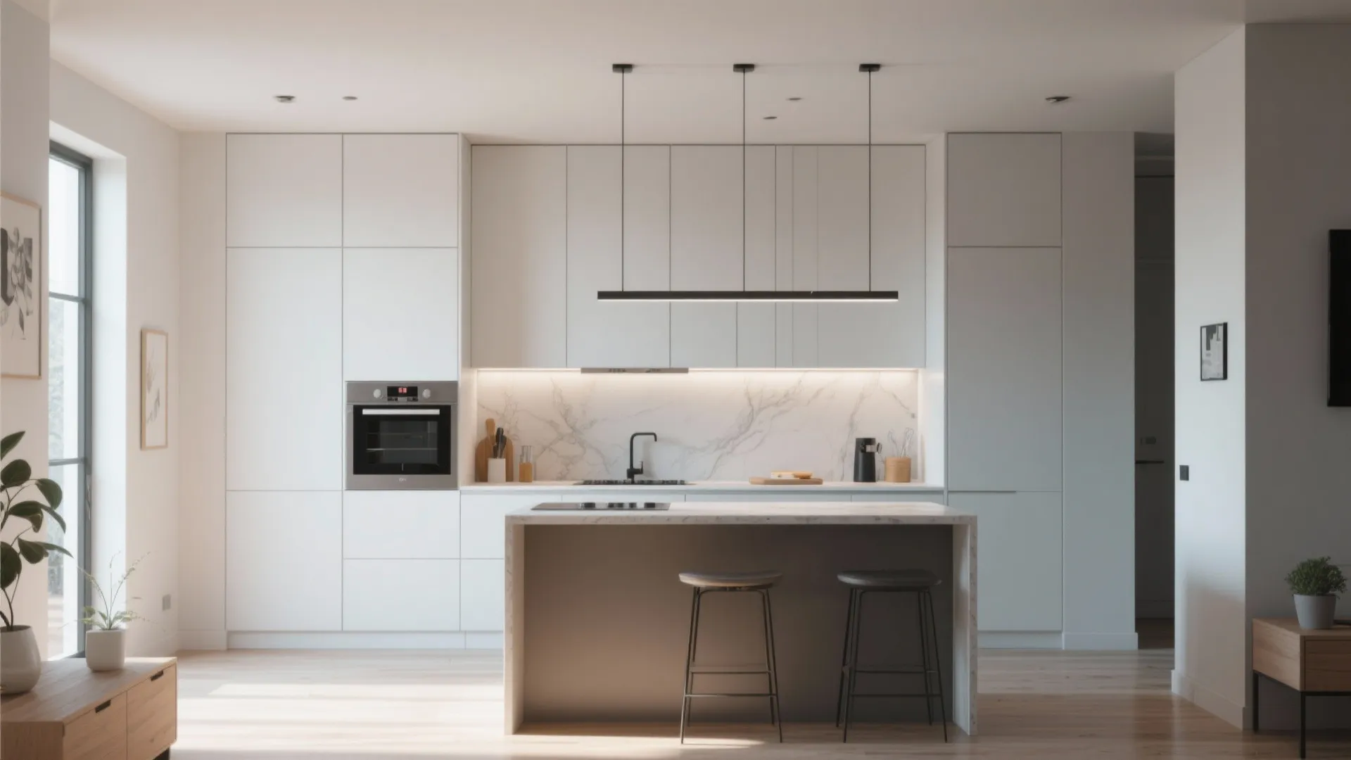 Minimalist white kitchen with one wall layout marble island two stools and black ceiling light