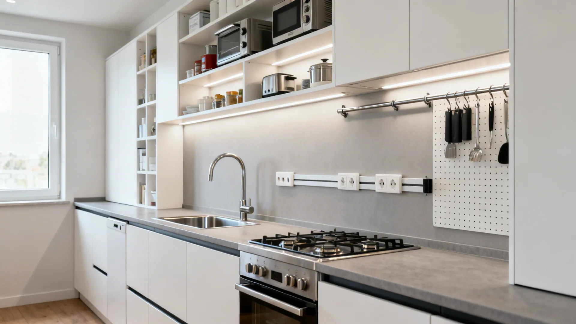 Single-wall compact kitchen with rail storage, shallow shelves, and a 45 cm cooktop in soft daylight.