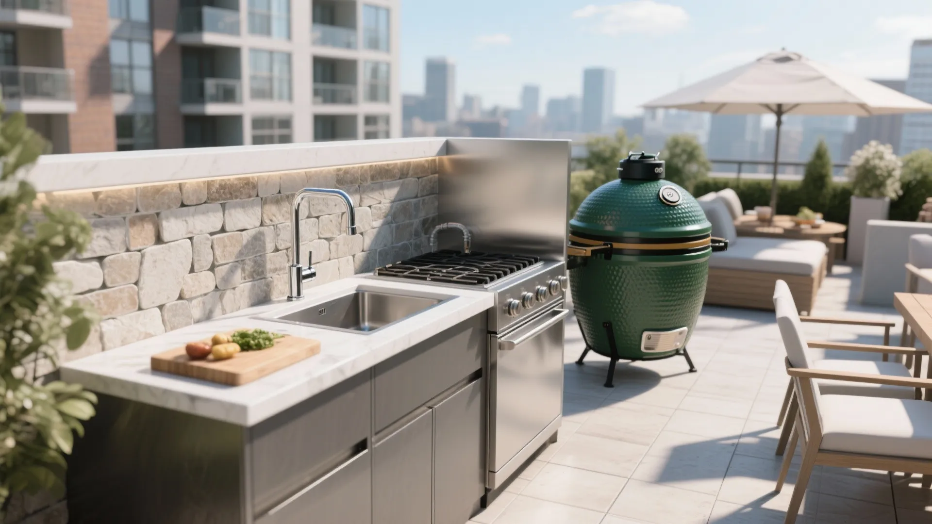 Modern apartment balcony kitchen featuring stainless steel grill sink and green egg cooker with view