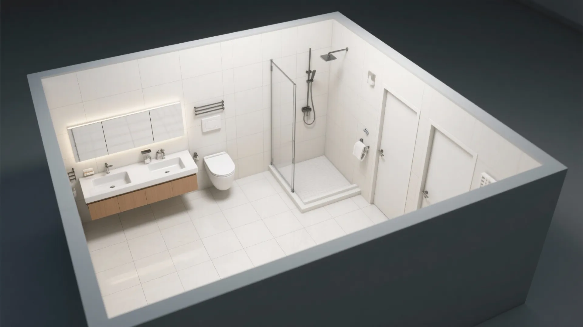 Modern white bathroom layout with double sink vanity toilet glass shower box and two doors
