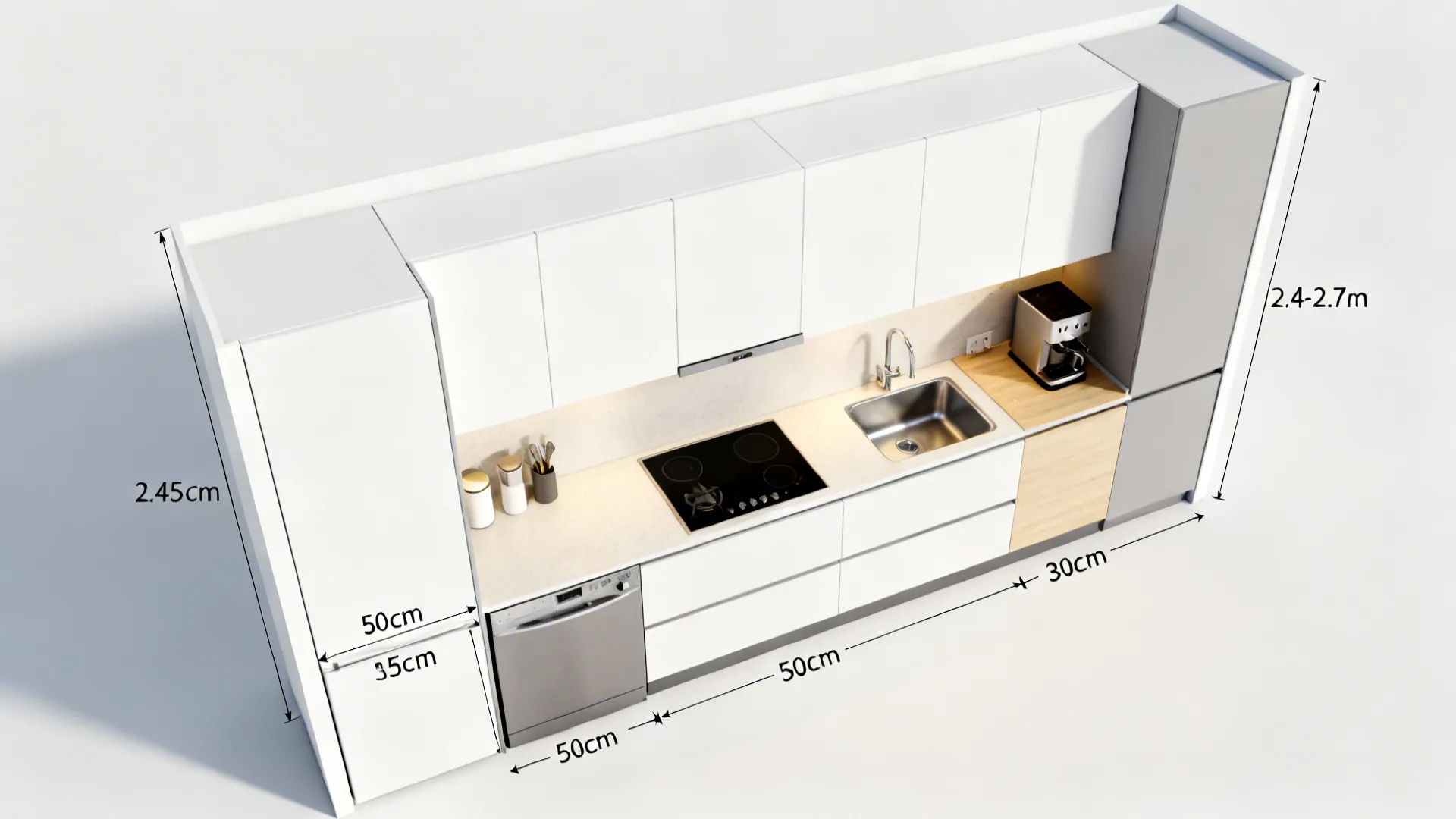 Top-down layout of a one-wall kitchen showing slim appliance widths and vertical storage zones.