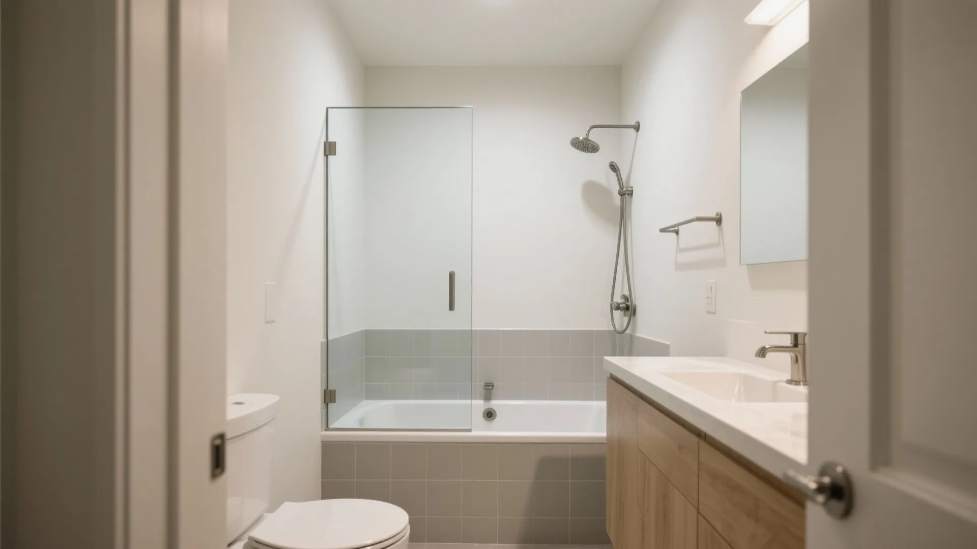 Idea 1: One-wall tub–shower combo with a fixed glass panel