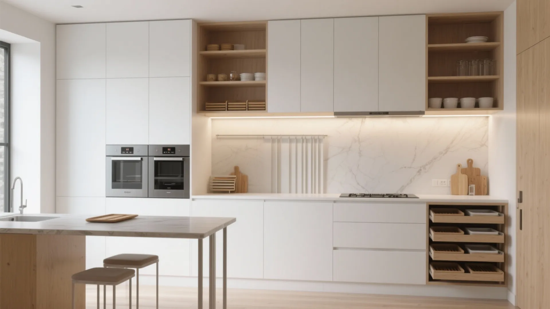 3. One-wall with vertical storage and pull-outs