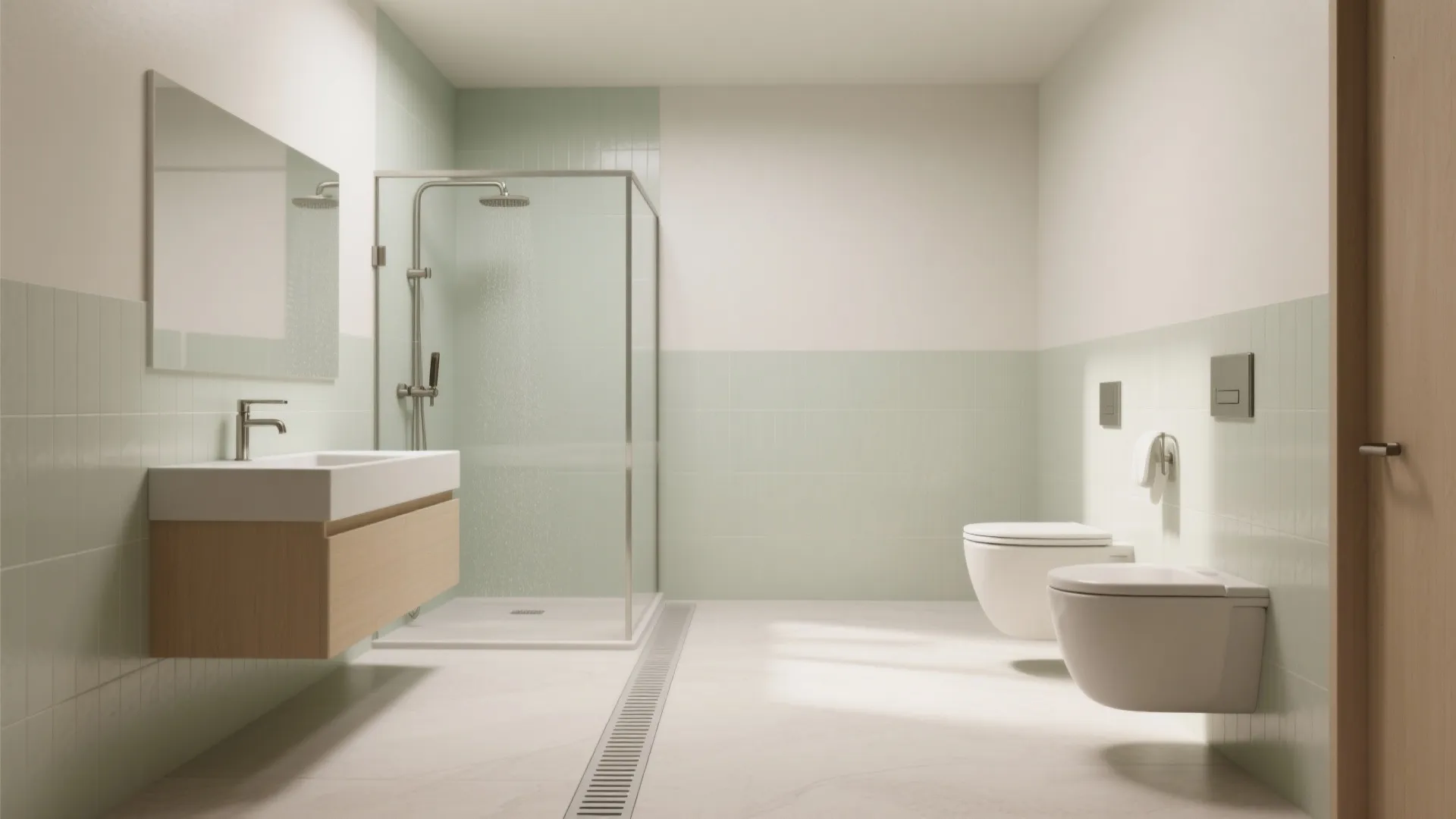 Minimalist bathroom interior design with green tiles glass shower wooden sink cabinet and white toilets