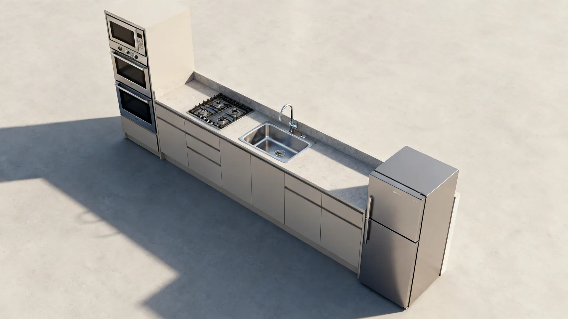 Top-down view showing sink centered, prep zone, cooktop, and stacked appliance tower.