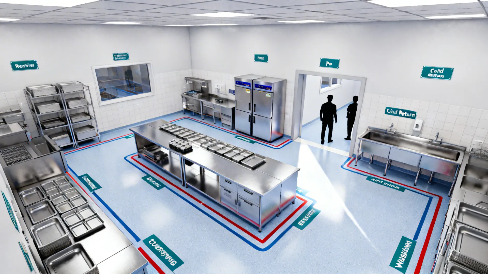 Top-down view of hospital diet kitchen with clearly zoned one-way clean-to-dirty path.