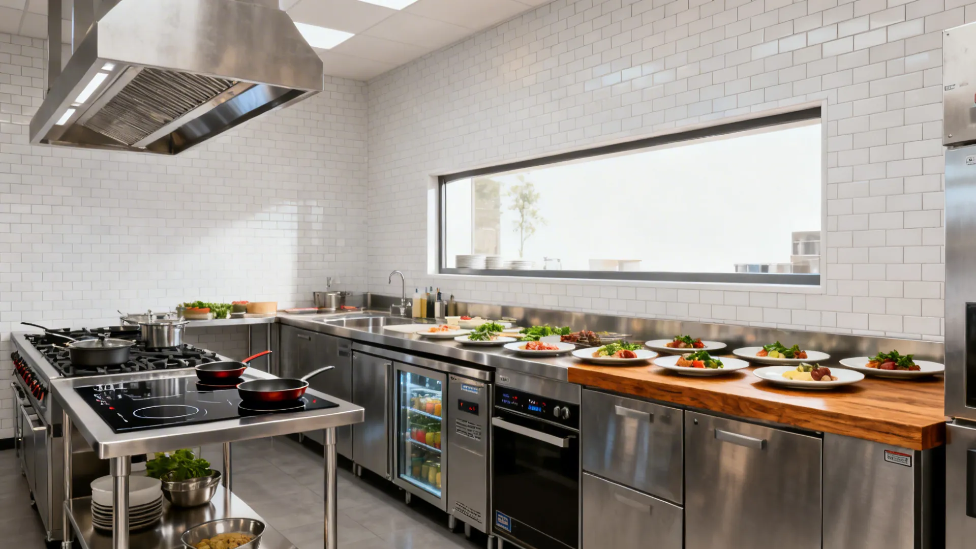 One-way galley kitchen with linear prep-to-cook-to-pass flow and undercounter refrigeration.