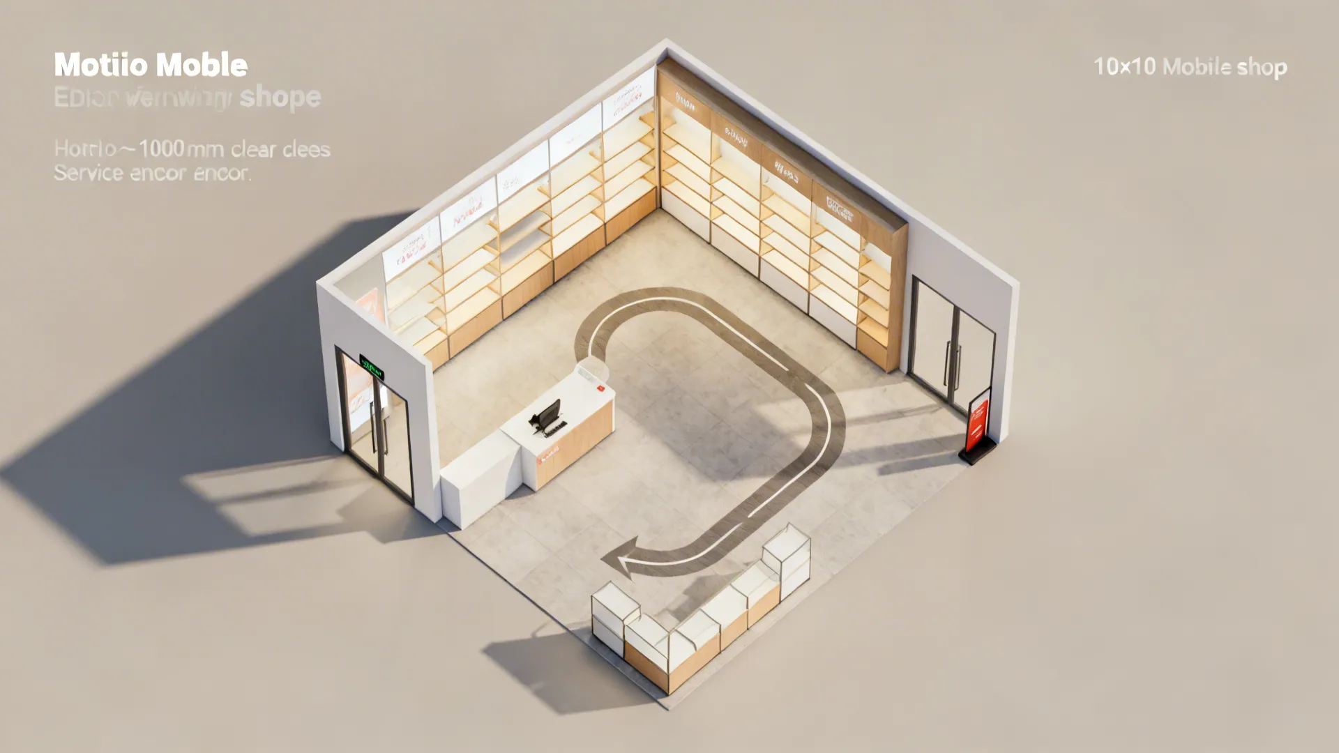 Top-down view of a 10x10 shop with a one-way loop path and a counter near the exit.