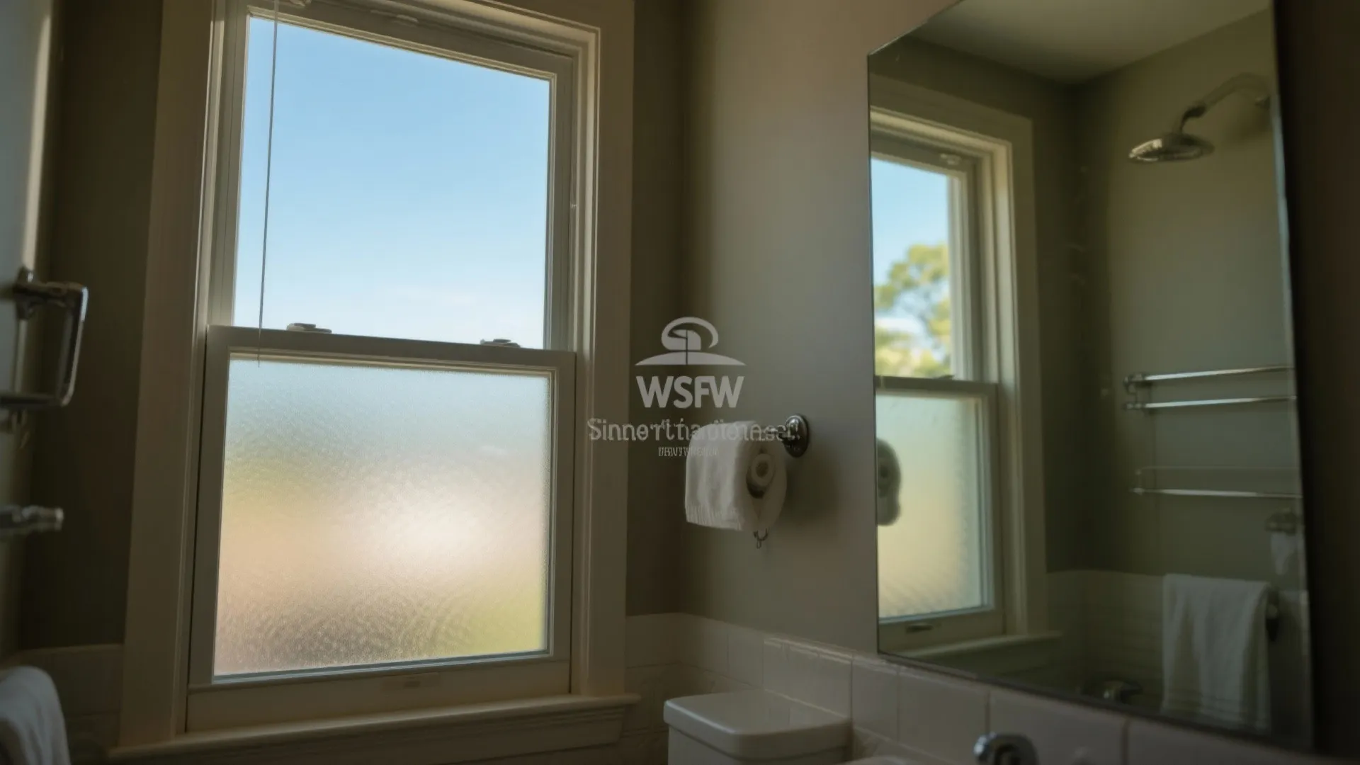 Modern bathroom with frosted window film for privacy next to toilet and large wall mirror