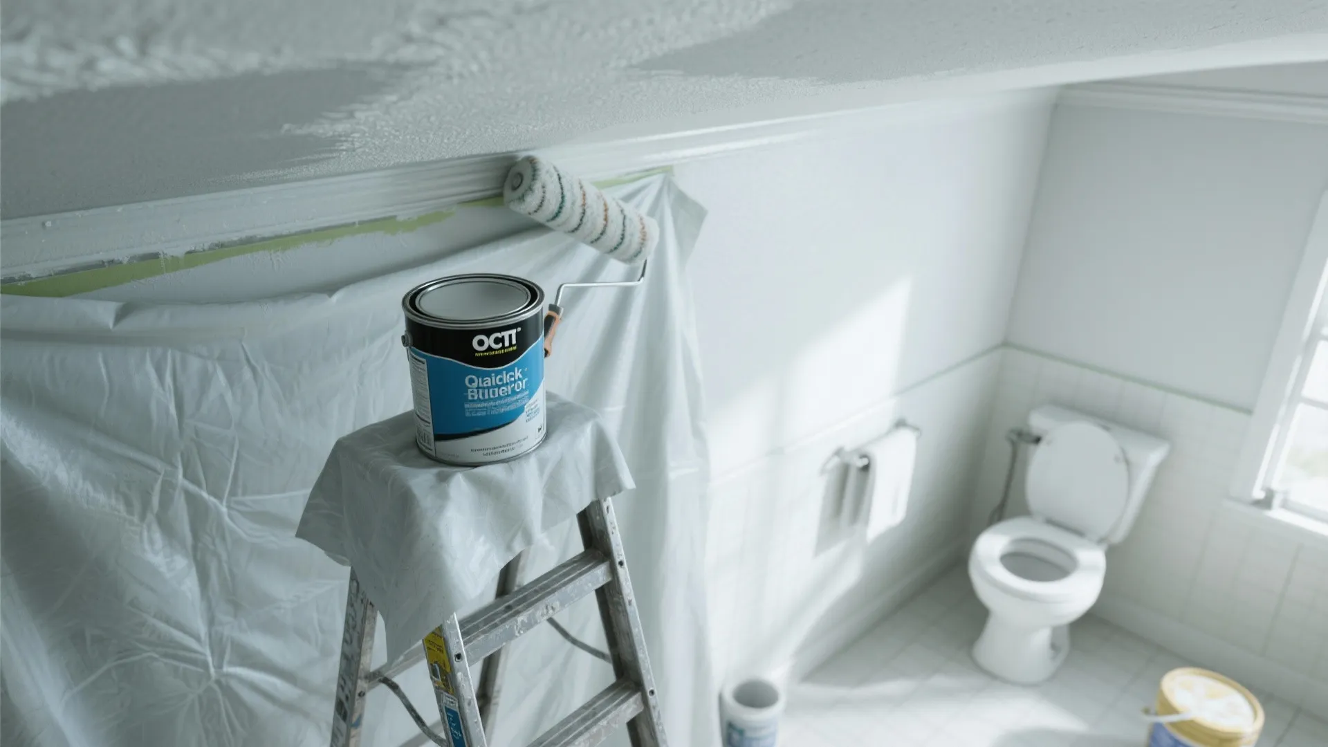 Interior painting process showing paint can on ladder with roller applying white paint on ceiling
