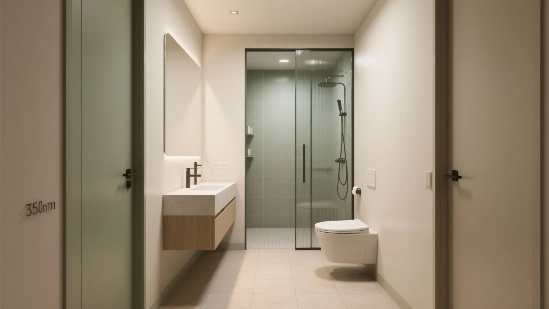 Modern bathroom interior design with wood cabinet white wall toilet and glass shower door area