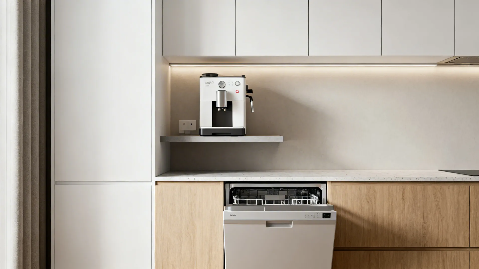 Modern kitchen with white cabinets, wood lower drawers, open dishwasher, and coffee machine on shelf