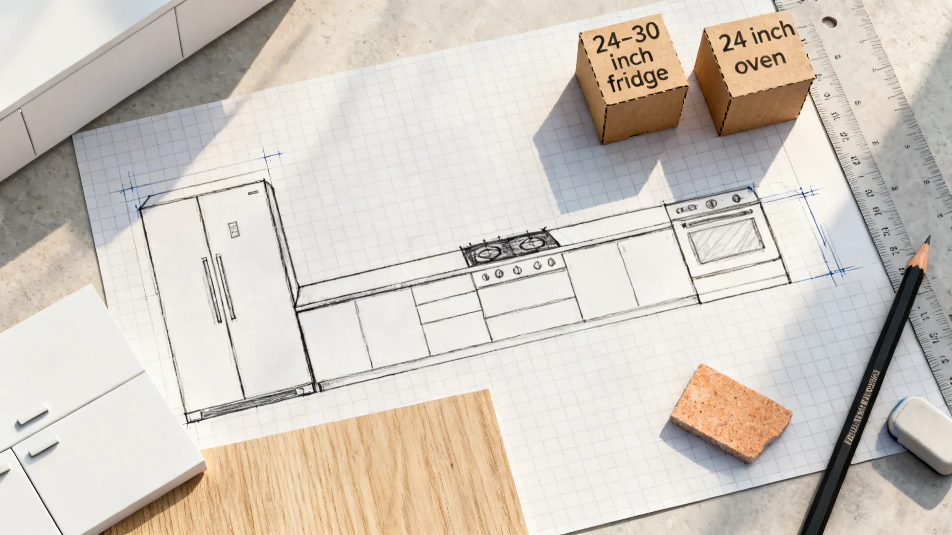 Flatlay of a one-wall kitchen sketch with scale blocks and white, oak, and stone material samples.