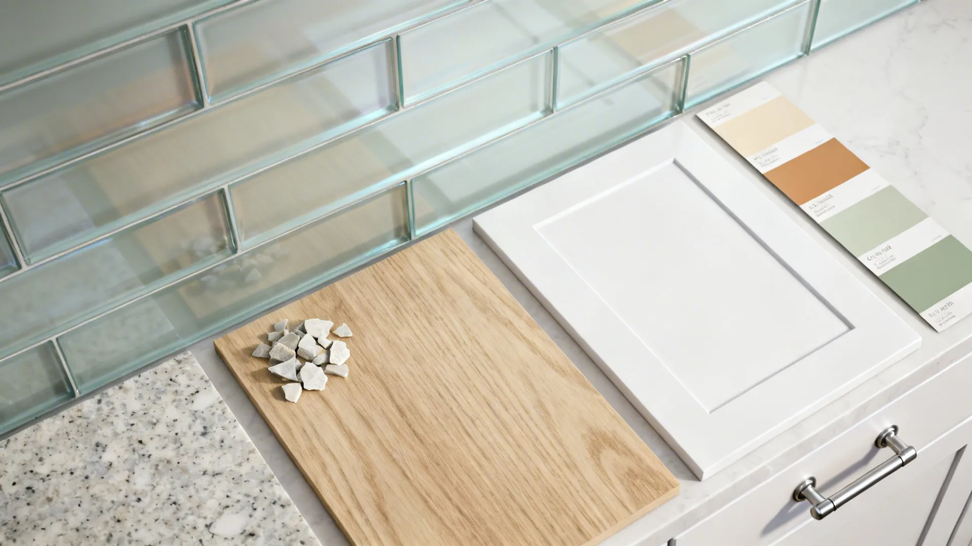 Material flat lay with satin glass, matte white front, light oak, quartz, and hardware.