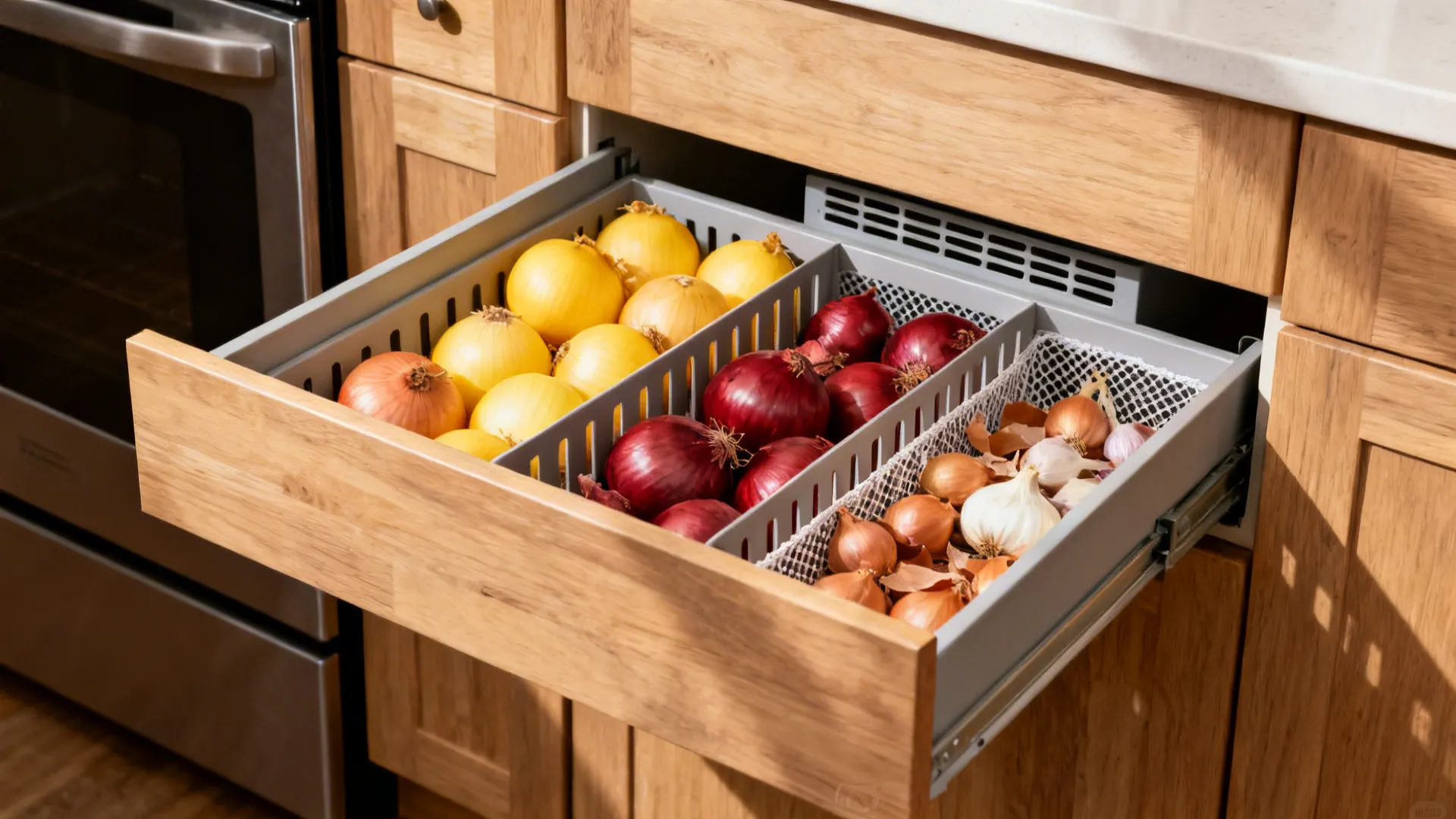 Deep kitchen drawer with slotted dividers and mesh liner neatly storing onions and shallots.
