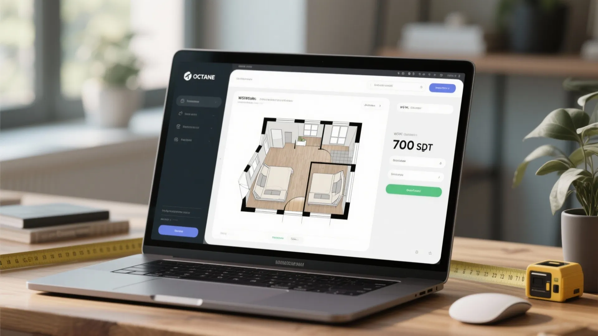 Laptop screen with an online floor planner showing a 700 sq ft two-bedroom guest house layout.