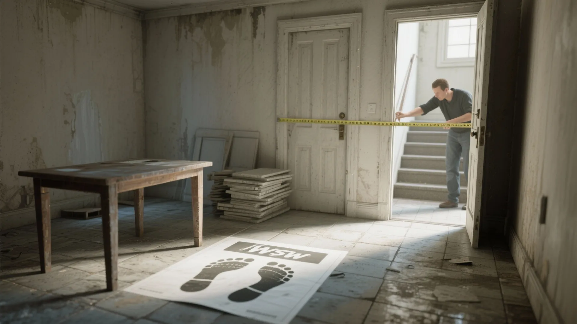 Man using measuring tape to check room size in old building with wooden table and stairs