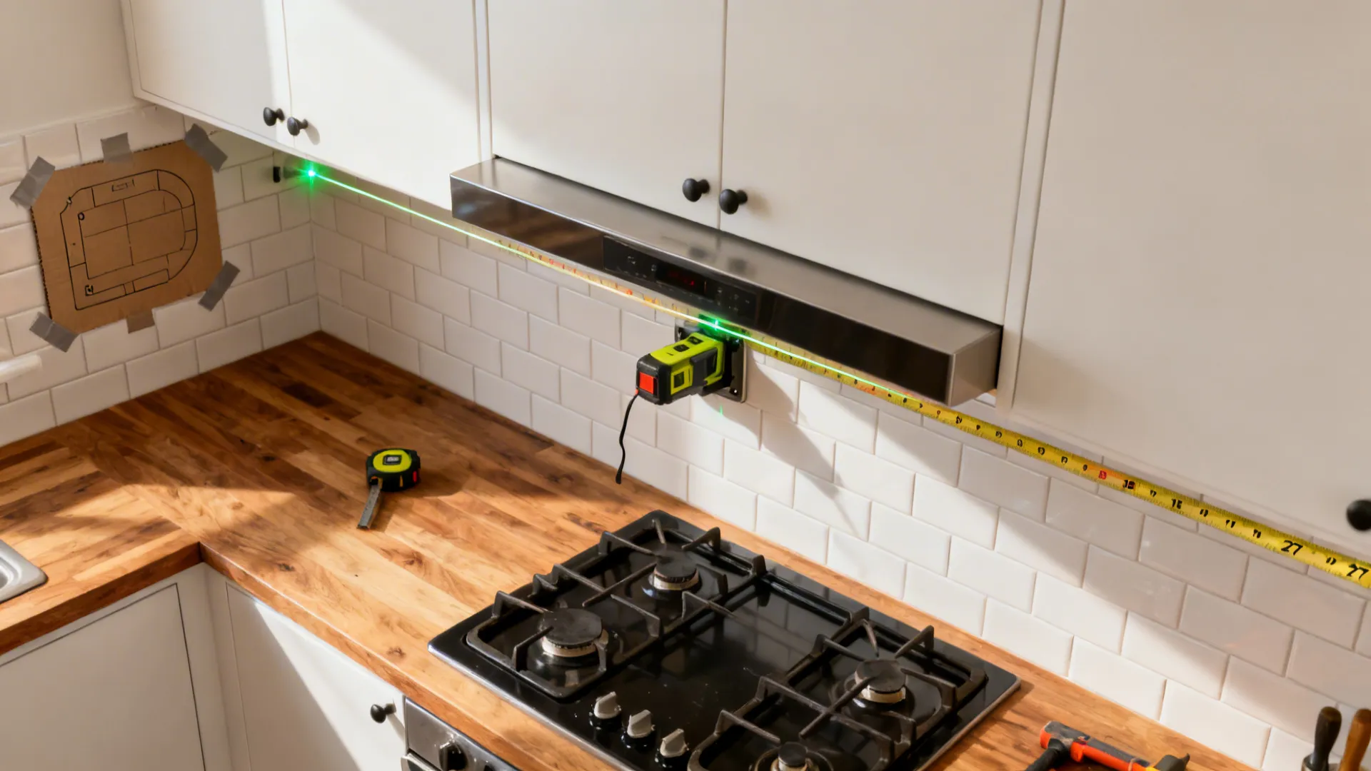 Laser level and tape measure marking the hood bottom height above a cooktop.